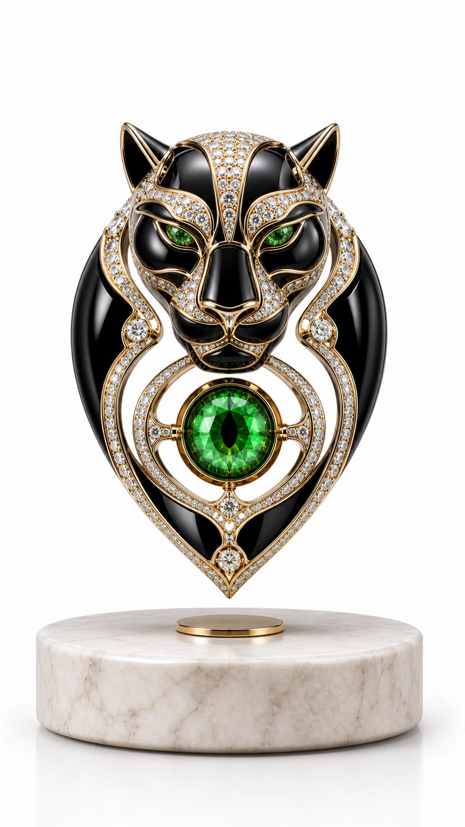 Black and gold panther-shaped levitating emblem with green gemstone center on a stone base