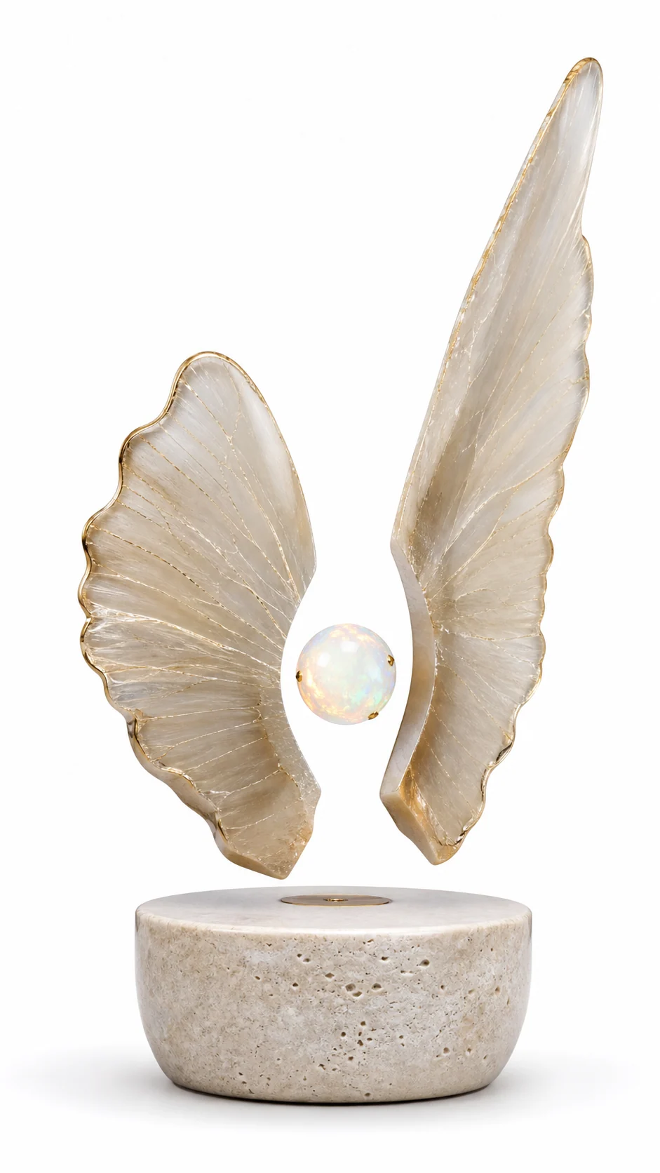 AMO Seraph Opal Display with translucent wing forms and a floating opal center above a travertine base