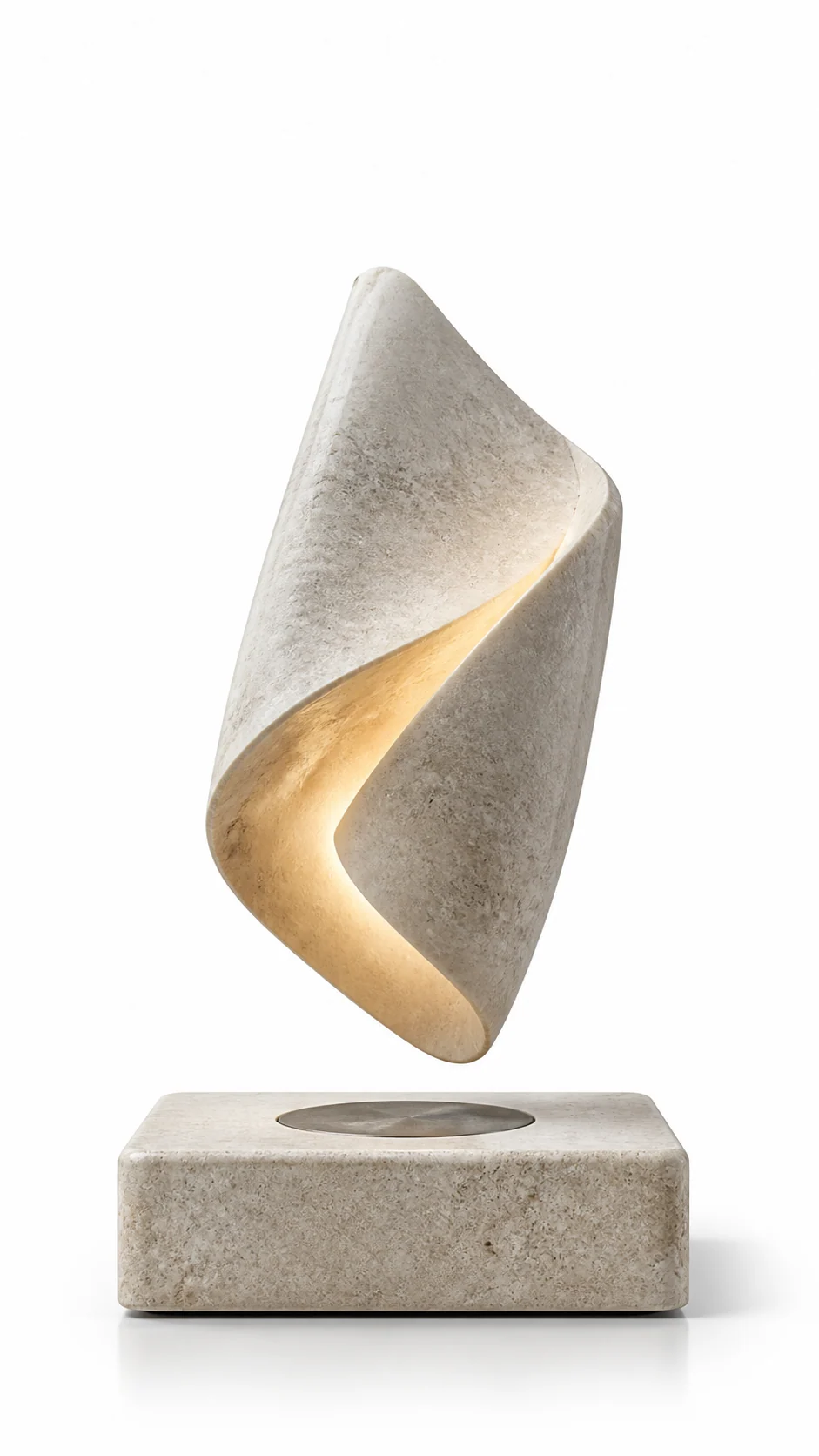 Twisted stone-like levitating illuminated sculpture above a rectangular stone base