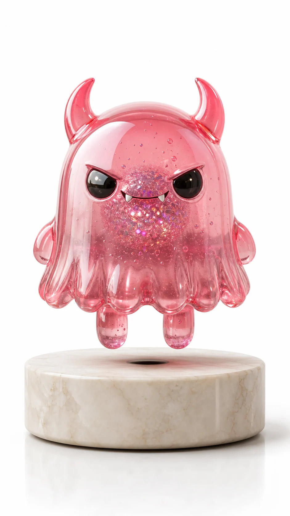 Pink translucent levitating collectible figure with horns and glitter core on a marble base
