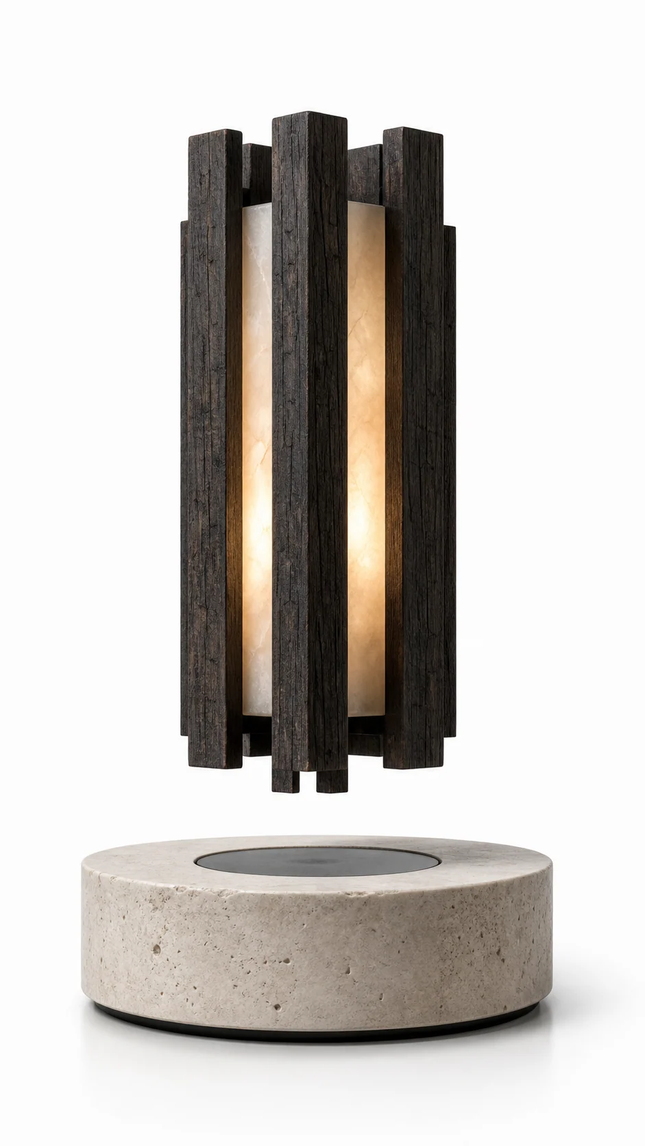 Dark wood slat levitating lamp with a glowing stone-like inner column on a round stone base