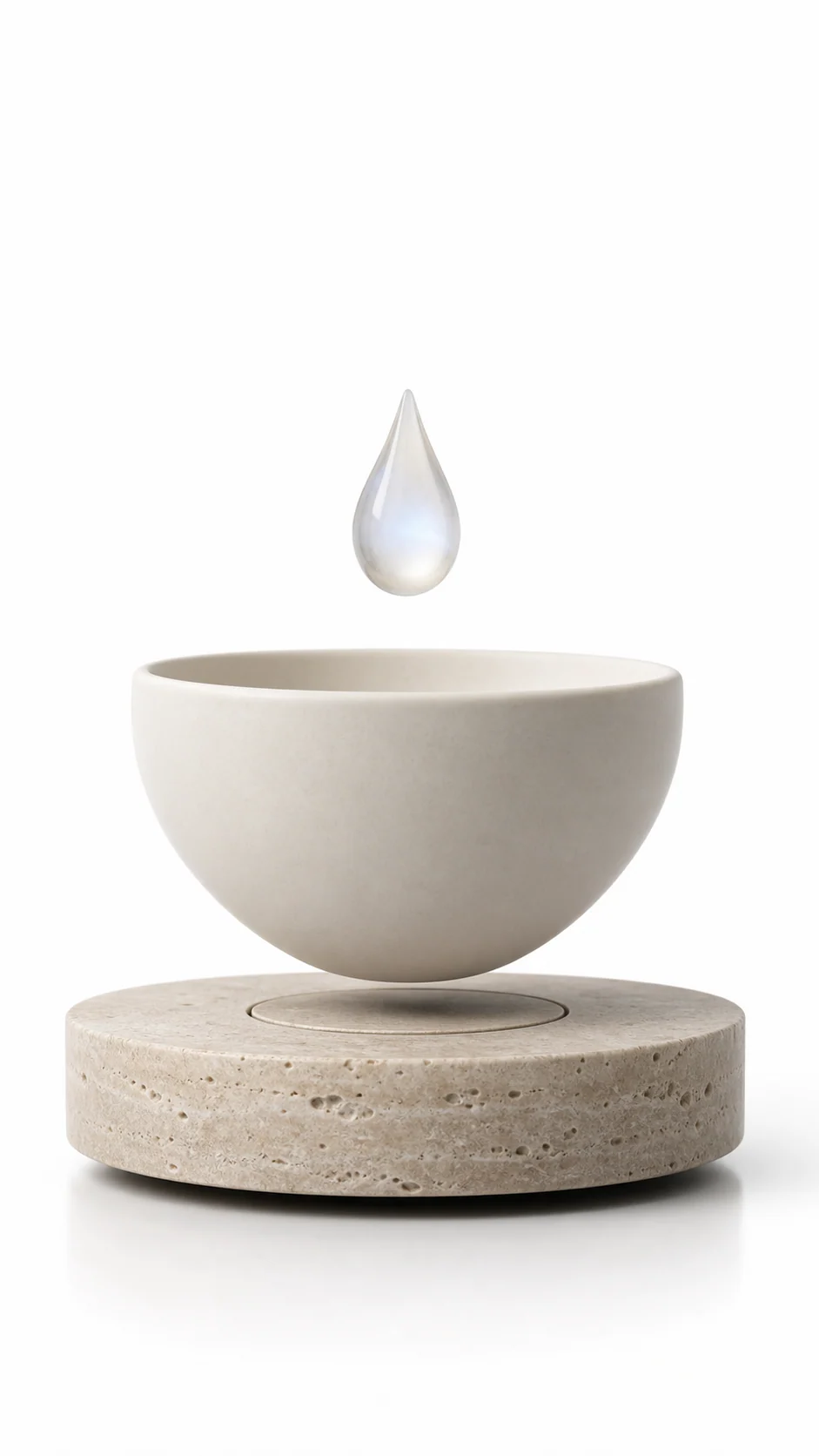 Minimal stone-look levitating bowl above a travertine base with a floating opaline droplet