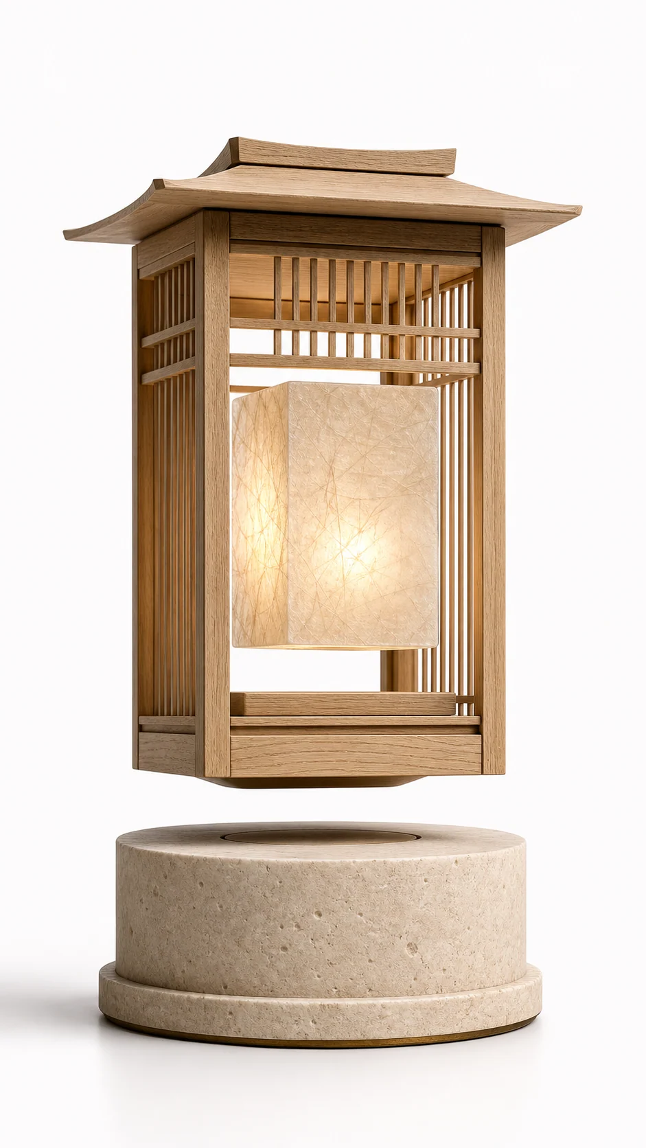 Wood-frame levitating lantern with a warm illuminated paper-like core above a stone-look base