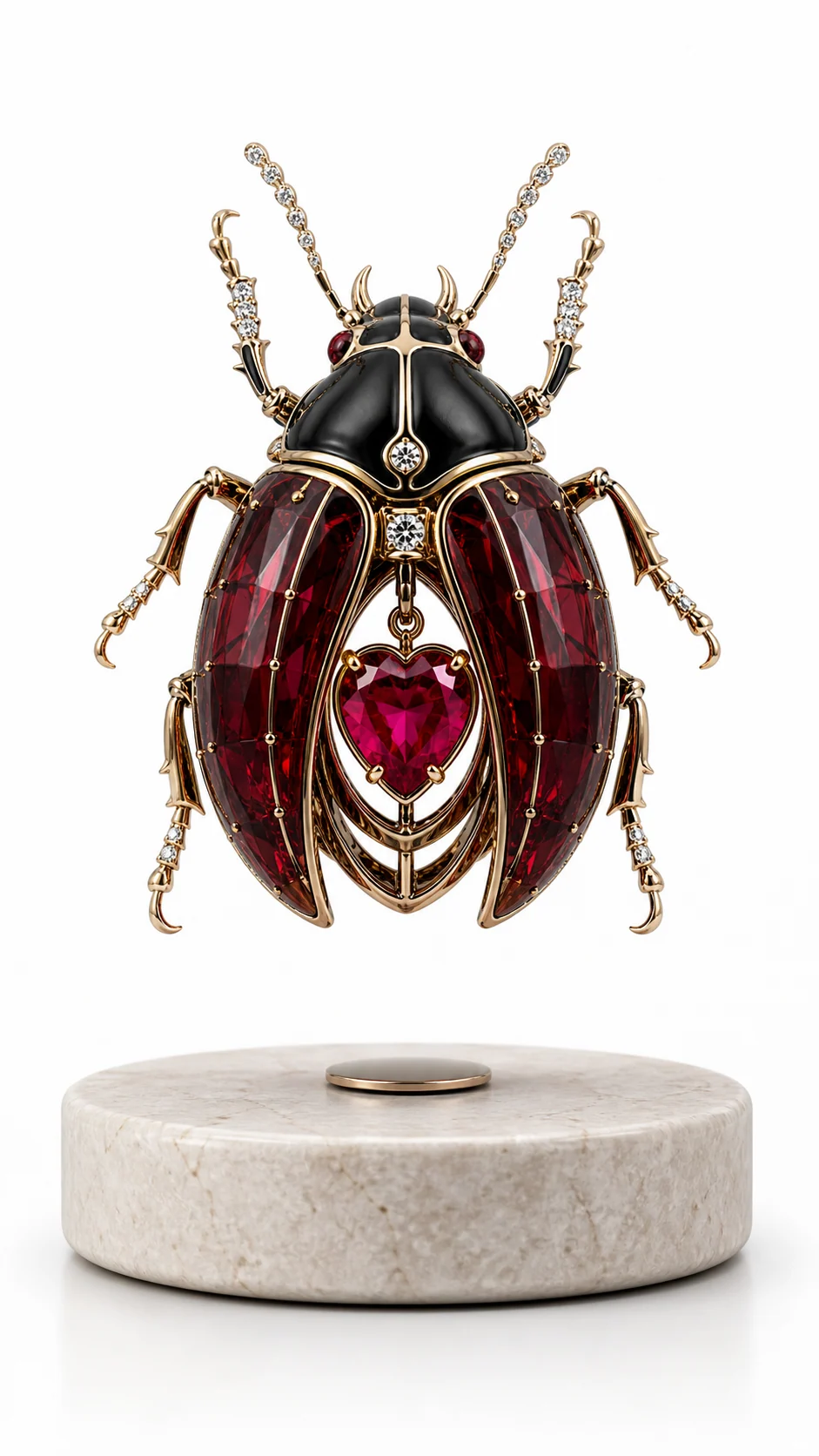 Jeweled scarab levitating collectible with ruby wings and a heart-shaped gemstone center