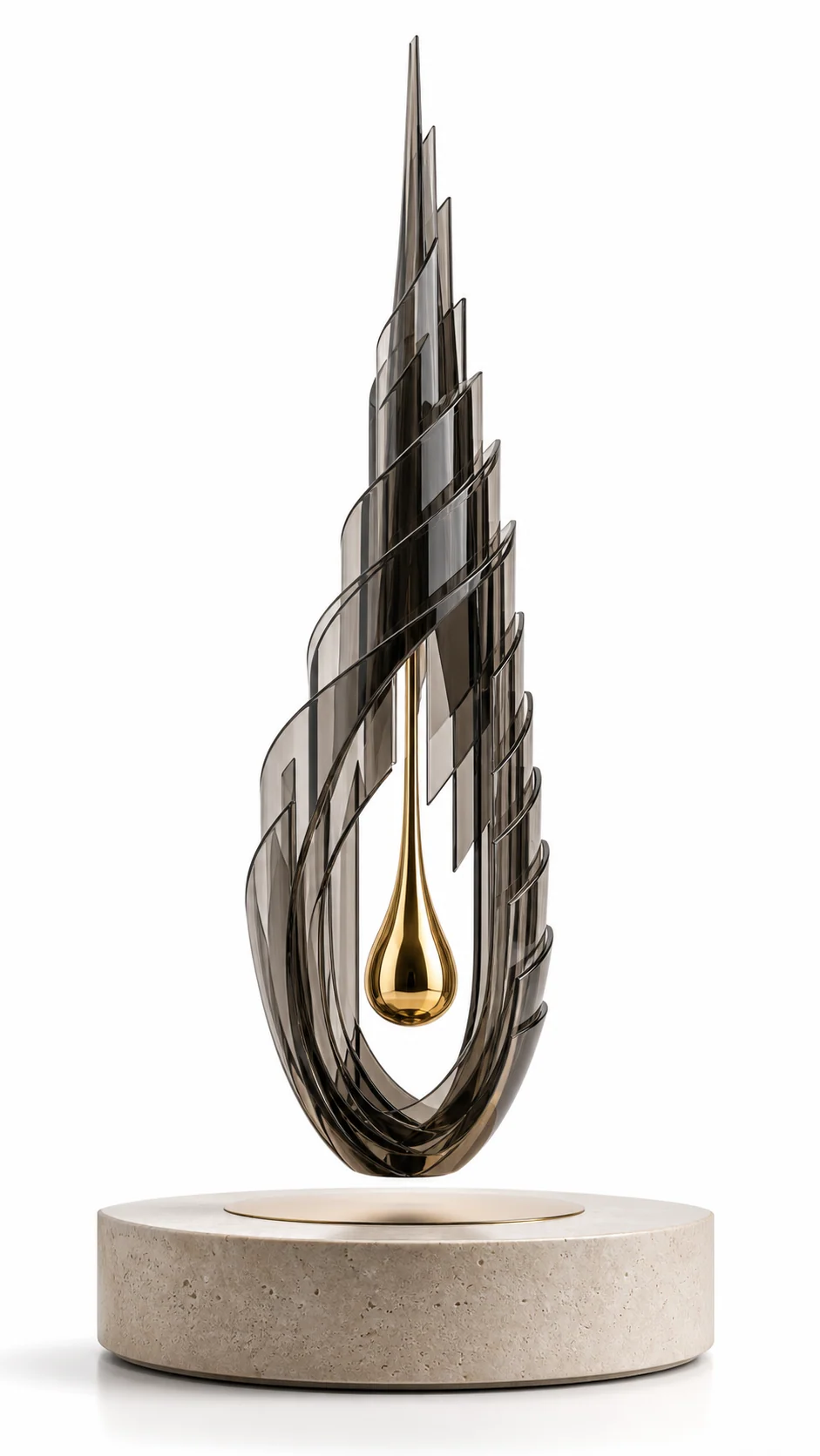 AMO Nocturne Veil Display with a spiraled smoky translucent fin structure and a floating gold drop above a stone base
