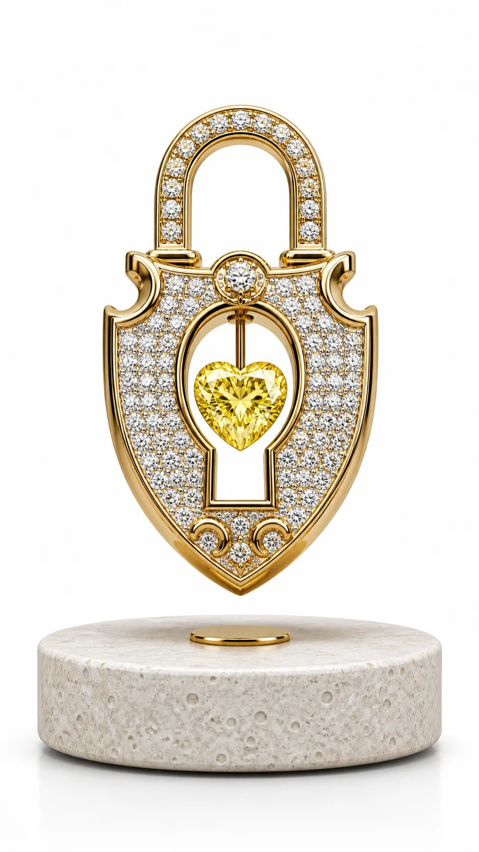 Gold jeweled lock-shaped levitating gift display with a yellow heart gemstone on a stone base