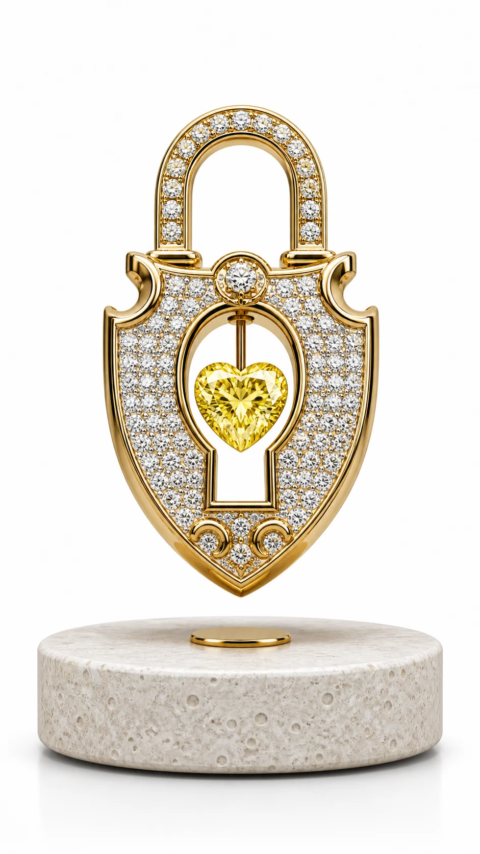 Gold jeweled lock-shaped levitating gift display with a yellow heart gemstone on a stone base