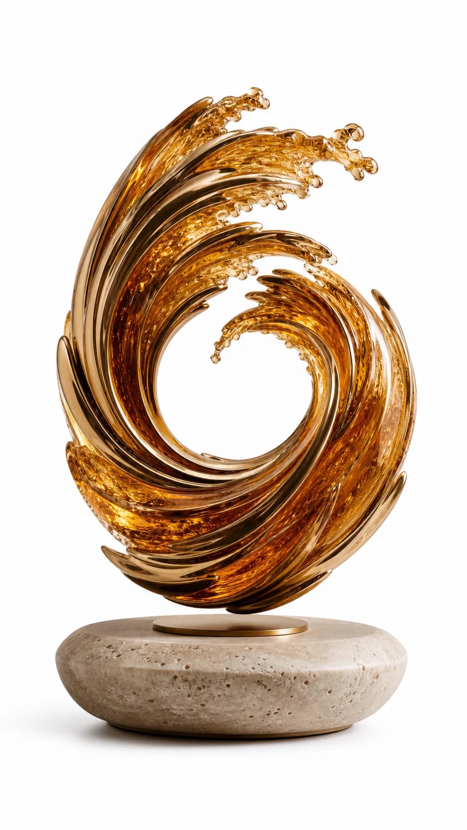 AMO Aurelia Wave Display with a suspended amber wave-like sculptural form above a travertine-look base