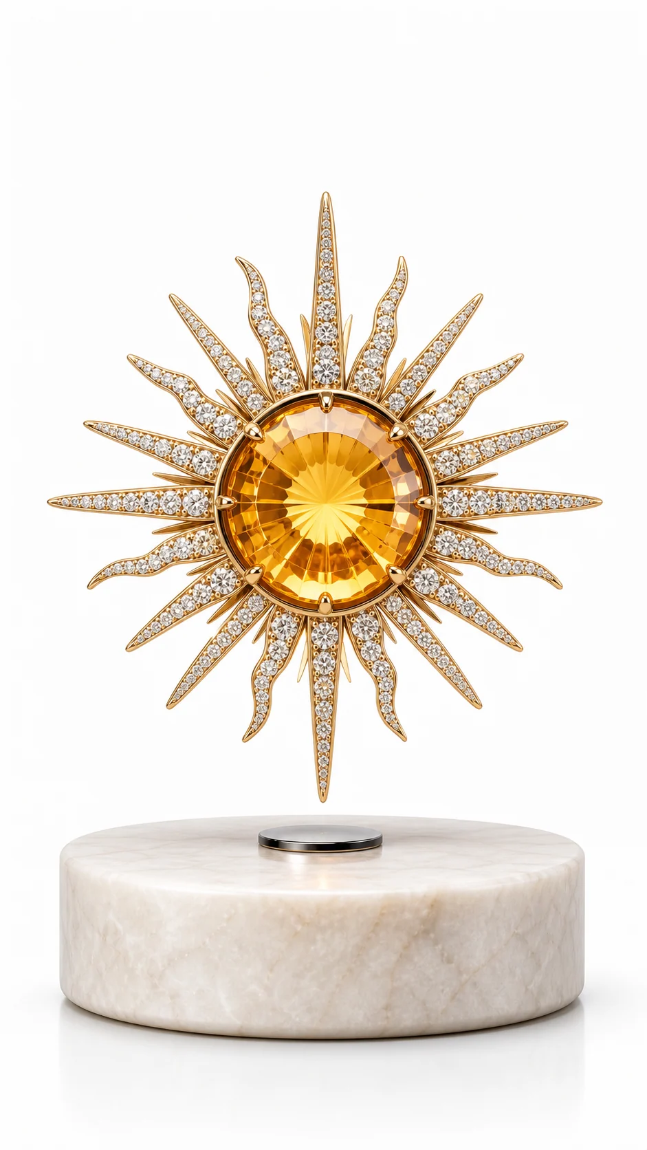 Gold starburst levitating emblem with an amber gemstone center on a stone base