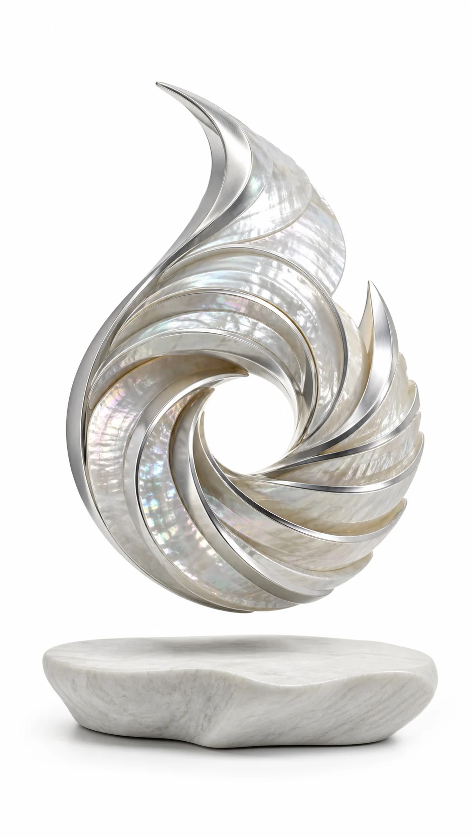 AMO Pearl Vortex Display with a nacre-toned spiral body, silver trim, and sculpted marble-look base
