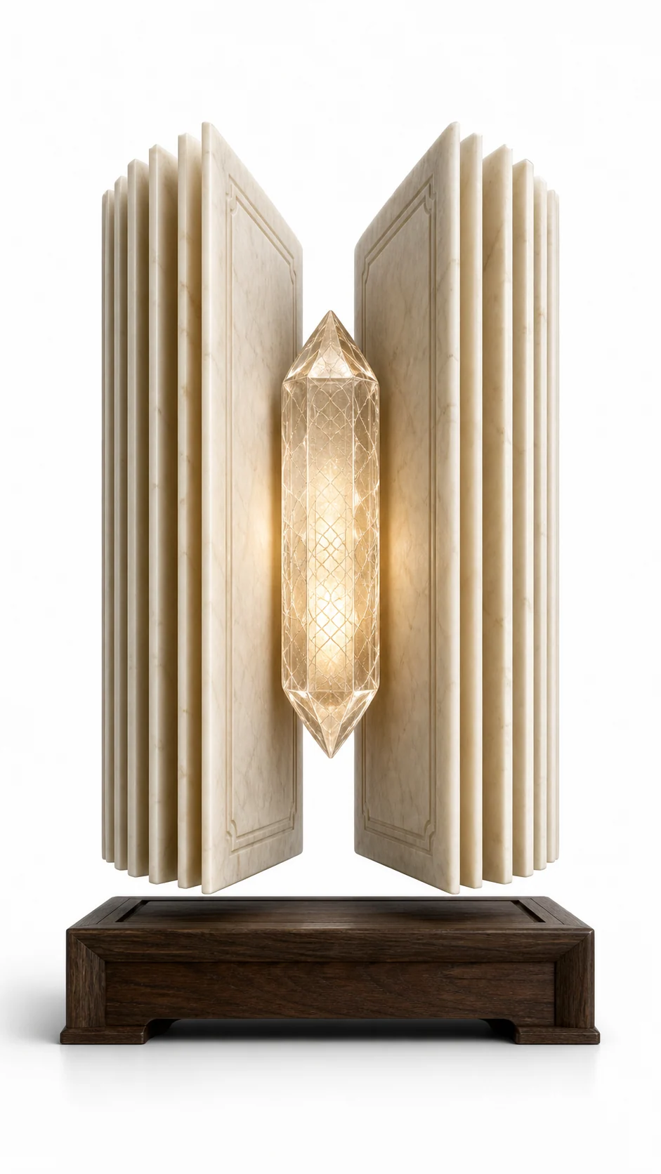 Open book levitating exhibition display with a glowing crystal spine on a dark wood base