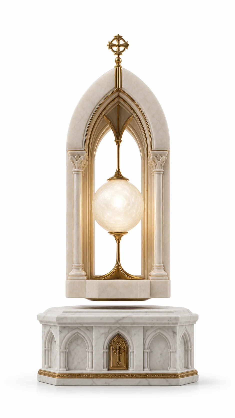 Gothic arch levitating lamp with a glowing orb and carved stone base